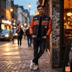 Men's Black Orange <b>Racing</b> <b>Jacket</b> Leather Sleeves Letterman Bomber <b>Jacket</b> Motorsport Streetwear Custom Wholesale - Product Image 4
