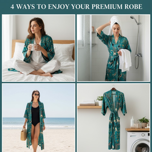Emerald Green Jungle Print Cotton Kimono <b>Robe</b> <b>Women</b> Long Length Long Sleeves V Neck Drawstring Comfortable Nightwear - Product Image 6
