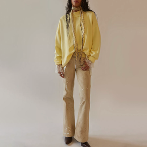 Sweat-shirt col roulé oversize jaune beurre pour femme, 100 % coton tricoté, épaules tombantes, jaune uni, grandes tailles, vêtements d'automne - Product Image 3