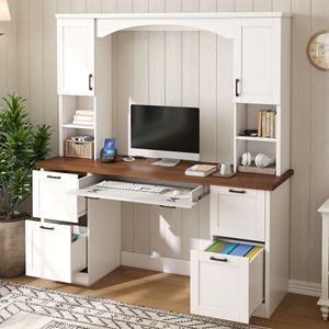 Farmhouse Arched Computer Desk with Hutch Mid Century Walnut Home <b>Office</b> <b>Workstation</b> Charging Station and Keyboard Tray - Product Image 3
