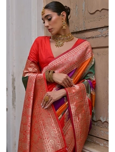 KV <b>Red</b> Woven Kanjivaram Soft Silk Handloom Designer Saree With Unstitched <b>Blouse</b> - Product Image 1