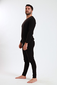 Men Thermal <b>Underwear</b> Set Long Sleeve Crew Neck Solid Black 2 Piece Winter Warm Base Layer <b>Compression</b> Wear - Product Image 2