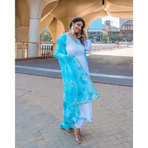 Ensemble de costume décontracté en coton blanc et bleu, tissu en mousseline, taille XS - Product Image 3