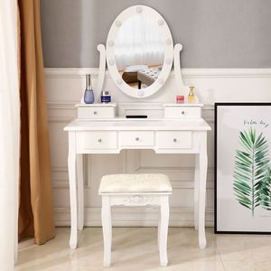 White 5-Drawer <b>Makeup</b> Vanity Table with Single <b>Mirror</b> and Light Bulb MDF Wood Style Model 61588080 60709581 - Product Image 1