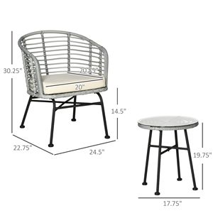 Set da bistrot da patio in rattan bianco crema da 3 pezzi con sedie imbottite e tavolino da caffè in vetro - Product Image 2