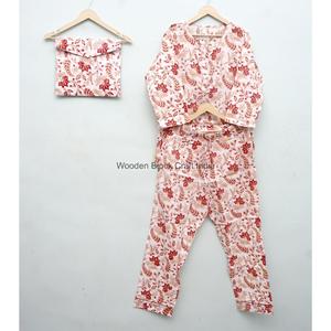 Indian Cotton Women's Floral Print <b>Pyjama</b> Set with Buttons closure <b>for</b> Beachwear And Loungewear Night Suit round Neck PJ Set - Product Image 1