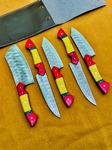 Juego de 5 cuchillos de acero de Damasco hechos a mano, cuchillos de chef, Santoku y multiusos con mangos de resina de colores. - Product Image 5