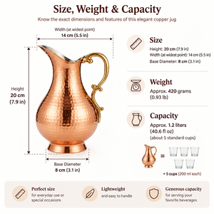 Carafe à eau en cuivre de couleur laiton antique martelé de luxe, pichet en métal gravé à la main, vaisselle, décoration d'intérieur, ustensiles de cuisine, restaurant - Product Image 5