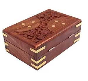 Handcrafted Carved Wooden Jewelry Box Brass Inlay Corners Floral Carving <b>Storage</b> <b>Chest</b> Rectangular Keepsake <b>Storage</b> Container - Product Image 1