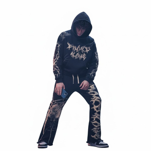 Gothic Spider Print <b>Tracksuit</b> Set Black Vintage Washed Hoodie Wide Leg Pants Streetwear Outfit - Product Image 3