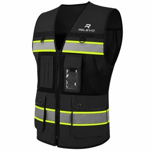 Gilet de sécurité noir réfléchissant haute visibilité en maille pour travaux de construction avec plusieurs poches et sangles réglables - Product Image 4