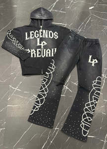 Streetwear Heavy Cotton Vintage Washed Rhinestone Screen Print <b>Zip</b> up Hoodie and Flared Baggy Drawstring Sweatpants Sets - Product Image 6