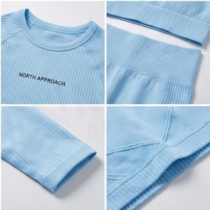 North Approach 2 Piece Yoga Set Light <b>Blue</b> Crop Top Full Length <b>Leggings</b> Seamless Breathable <b>Women's</b> Sportswear - Product Image 4