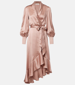 Robe longue décontractée pour femme en crêpe côtelé, style portefeuille, avec fente, motif uni, manches longues, personnalisable pour l'automne - Product Image 3