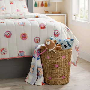 Playful Collection Water Hyacinth Round Kid Storage Basket With Pink <b>Floral</b> Pattern Woven Handmade Decorative Home Organizer - Product Image 2