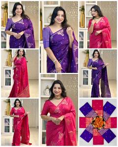 Sari traditionnel pour femme en soie pure Banarasi de luxe, tissé avec des fils d'argent Zari, doux, infroissable, protection solaire, hiver et été - Product Image 6