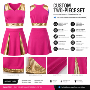 Uniforme de cheerleading personnalisé haut de gamme, coupe ajustée, rose et or, pour femmes, sublimation, danse, cheerleading - Product Image 4