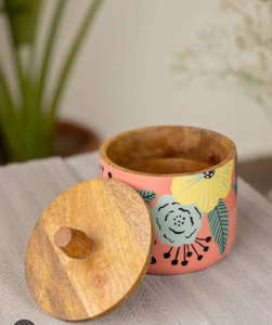 Pot de rangement en bois de manguier imprimé fleur rose Récipient de stockage de condiments alimentaires de cuisine élégante avec couvercle - Product Image 6