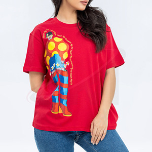 Camiseta Roja para Mujer con Estampado de Personajes, Cuello Redondo, Manga Corta, 100% Algodón, Corte Holgado, Ropa Casual de Primavera/Verano - Product Image 1