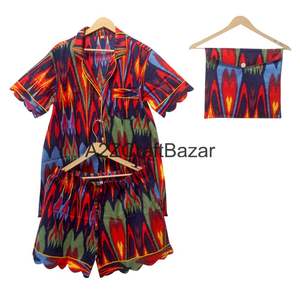 Conjunto de Pijama de Algodón 100% Puro, Lujoso, Elegante, Romántico, Clásico, para Vacaciones de Verano, con Estampado a Mano, Pantalones Cortos Tipo Canguro, Transpirable - Product Image 6