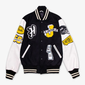 แจ็คเก็ตวาร์ซิตี้ผ้าซาตินแบบสั่งทำสำหรับผู้ชายปี 2025 สีดำล้วน ปักลายเบสบอล ปักอักษร แขนเสื้อผ้าขนสัตว์และหนัง - Product Image 1