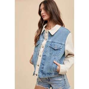 Annie Wear Chaqueta de mezclilla con cuello doble tapeta para mujer Prendas de abrigo elegantes - Product Image 6