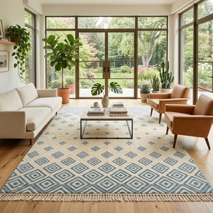 Alfombra de Lana Tejida a Mano con Patrón de Diamantes, Alfombra Geométrica Azul Marfil, Alfombra Estilo Boho Farmhouse con Borlas, Tamaño Personalizado - Product Image 5