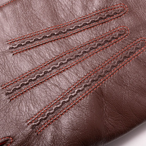 Gants en peau de mouton marron pour femme avec bordure rouge, doux, à doigts complets, doublure chaude pour l'hiver, élégants, pour la conduite, écologiques, faits à la main, avec bouton-pression - Product Image 6