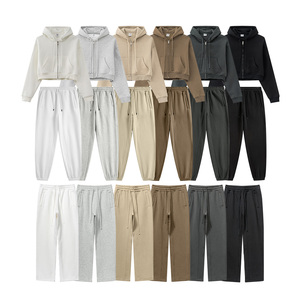 ชุดเซ็ตเสื้อฮู้ดครอปซิปและกางเกงวอร์มผ้าฟลีซแบบกลับด้านได้ คุณภาพสูงสำหรับผู้หญิง สไตล์ลำลอง ออกกำลังกาย ทรงขากระบอก ชุดกีฬา - Product Image 5