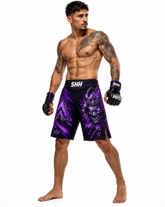 Pantalones Cortos de Lucha MMA Personalizados para Hombre, Negros y Morados, con Gráfico de Máscara de Demonio Samurai Japonés, Cintura con Velcro, para Entrenamiento de BJJ y Grappling - Product Image 4
