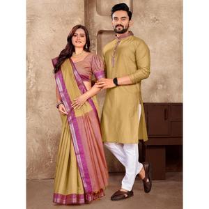 TENDENCIA LINO SEDA JACQUARD TRABAJO HOMBRE KURTA PAYJAMA Y SAREE CON BLUSA DESCOSADA CHIKU - Product Image 1
