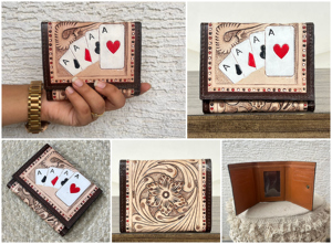 2026 Genuine Leather Western Wallet Women Embossed Floral <b>Playing</b> <b>Cards</b> Design Bifold Purse RFID Blocking <b>Card</b> Holder Handmade - Product Image 3