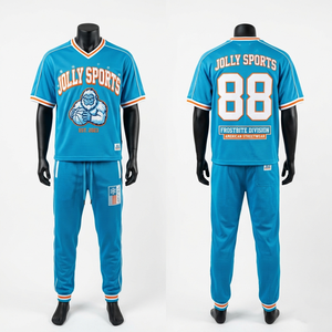 High quality athletic mesh jersey and jogger pant <b>set</b> blue contrast ribbed edges heat transfer logo custom short <b>set</b> for men's - Product Image 6