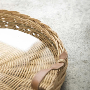 Round Rattan Decorative <b>Trays</b> Set Of 2 With Leather Handles Rustic Style <b>Plant</b> Fiber Handcrafted Storage Display <b>Tray</b> - Product Image 2