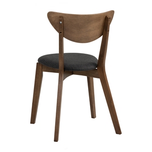 Chaise de salle à manger en chêne malaisien massif, finition noyer foncé, style moderne du milieu du siècle, avec assise en tissu gris et dossier incurvé ergonomique - Product Image 4
