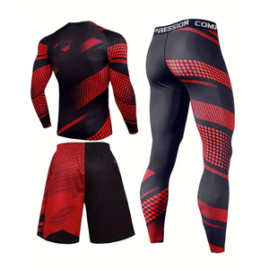 Men's 3-Piece <b>Compression</b> Workout Set Rashguard Long Sleeve <b>Shirt</b> Shorts Leggings MMA Gym Fitness Sportswear Wholesale OEM - Product Image 2