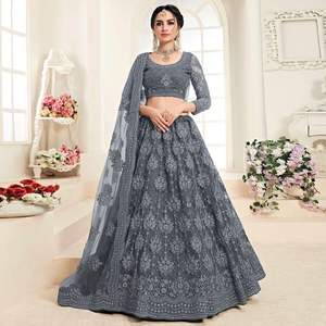 PUNTADA DE CADENA DE RED FANCY TRABAJO LEHENGA CHOLI CON DUPATTA GRIS - Product Image 1