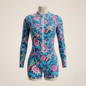 Bikini con estampado floral para mujer, cuello redondo, manga larga, elástico, poliéster, pantalones cortos de cintura alta, cremallera frontal, secado rápido - Product Image 1