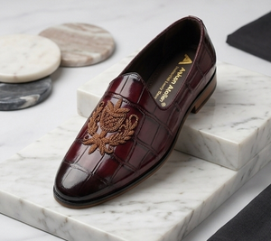 Royal Crest <b>Burgundy</b> Embossed Embroidered Luxury Slip-On Loafers Genuine Leather Lining Breathable <b>Cushioned</b> Anti-Slip Outsole - Product Image 1