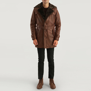 Plus Size Men Genuine Leather Waterproof Winter Trench Coat Long Sleeve Belted Fur Trim Outerwear Casual Streetwear - Product Image 3