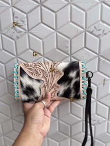 Cartera de mano de cuero de piel de vaca de diseñador, billetera tallada a mano, cuero de Color turquesa Vintage, tarjetas de crédito, billetera en efectivo, regalos - Product Image 3