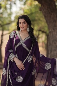 Women Faux Blooming Gown with Embroidery Zari Sequence Work Anarkali gowns for Indian and Pakistani <b>Wedding</b> Wear Low Price Gowns - Product Image 6