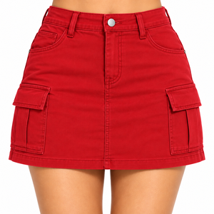 Mini-jupe cargo taille haute en sergé de coton, jupe courte décontractée pour femme avec poches, jupe confortable pour le printemps - Product Image 1