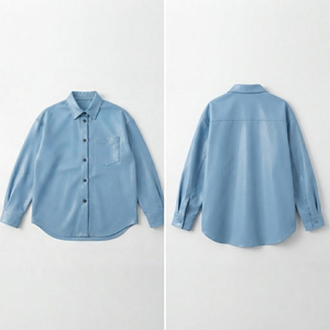 Men Premium Genuine <b>Leather</b> Button-Up <b>Shirt</b> Long Sleeve Light Blue Cowhide Eco-Friendly Vintage Casual Streetwear Solid Color - Product Image 2