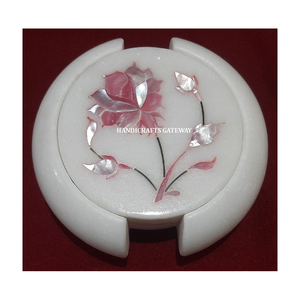 Most Beautiful High Quality <b>White</b> Marble Florals Inlay Design Work Coaster Set Use For Keep On Glass And Use For Home Kitchen - Product Image 6