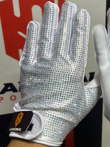 Custom White Rhinestone Full Finger <b>Gloves</b> Glitter Trim PU Material Unisex Performance Wear All Seasons American Football <b>Gloves</b> - Product Image 6
