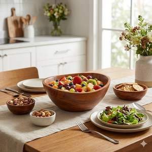 Elegante tazón para servir de 10.5 x 4.5 pulgadas, tazón de madera de mango con acabado cerezo para frutas y ensaladas, tazón decorativo de madera para la mesa. - Product Image 4