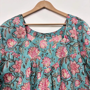 Vestido Kaftán de Algodón Indio con Cuello en V, Estilo Boho, Hecho a Mano con Estampado de Bloques, Manga Murciélago, Borde en Contraste, Corte Acampanado de Verano para Mujer - Product Image 4