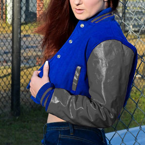 Veste courte universitaire pour femme, bleu roi, style Letterman, avec manches en similicuir, manteau bomber décontracté, mode féminine - Product Image 3