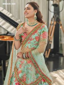 Wedding Wear Beautiful Art <b>Silk</b> with Floral Print-Embroidery with Diamond work Mint <b>Green</b> Lehenga-Choli & Dupatta Woman Fashion - Product Image 5